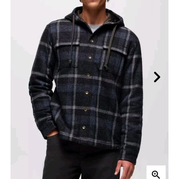 New prAna Men Asgard Hooded Flannel Shirt Jacket Wool Blend Shacket MED Charcoal - Picture 1 of 11